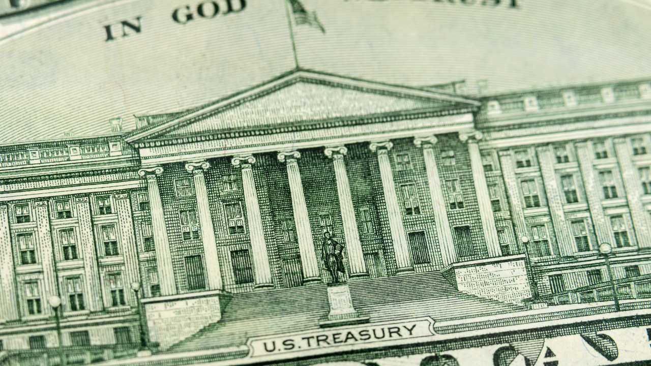 A US money bill depicting the Treasury building